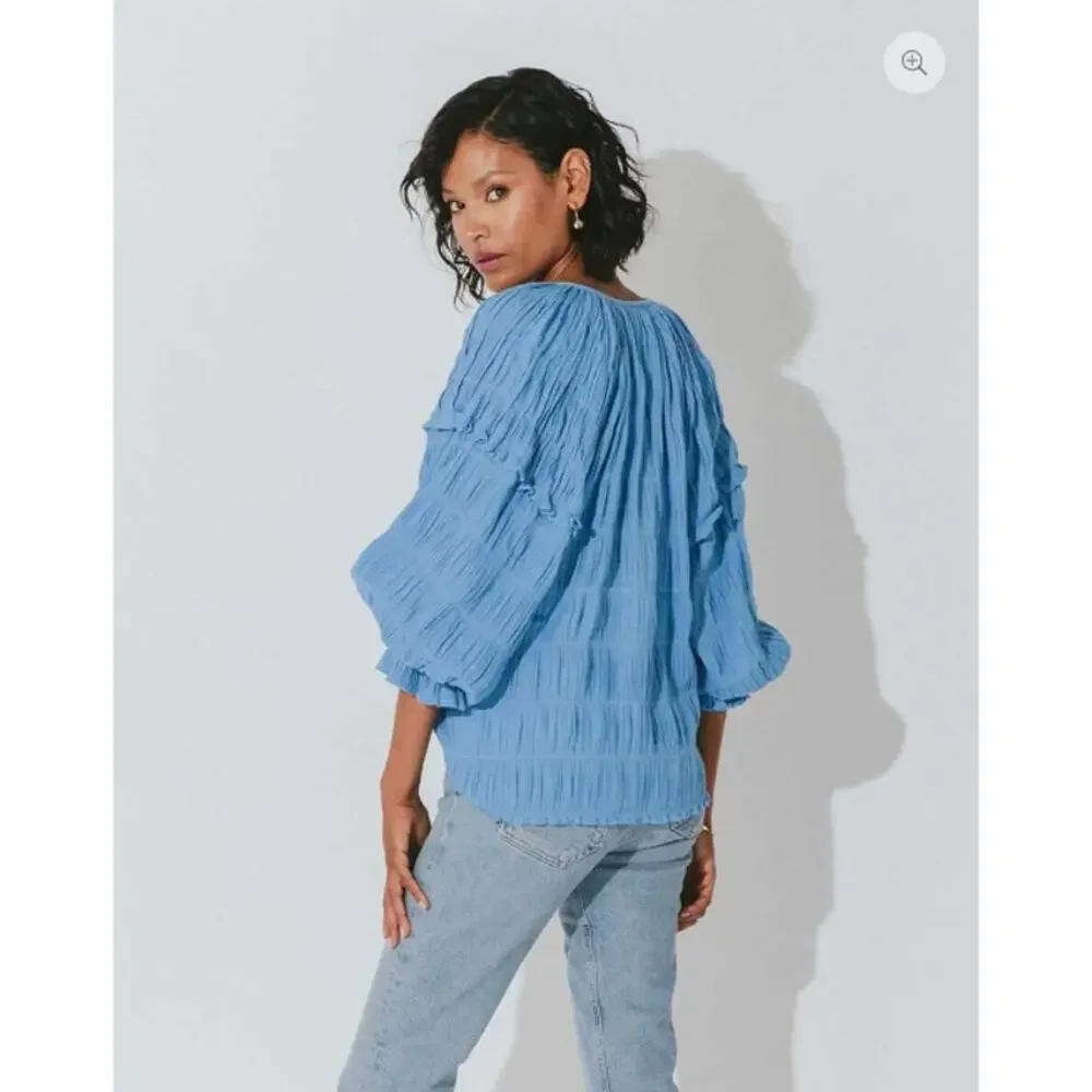 Cleobella Top Womens Small Azariah Blouse Blue Boho Prairie Peasant Gauze Tassel - Picture 3 of 10